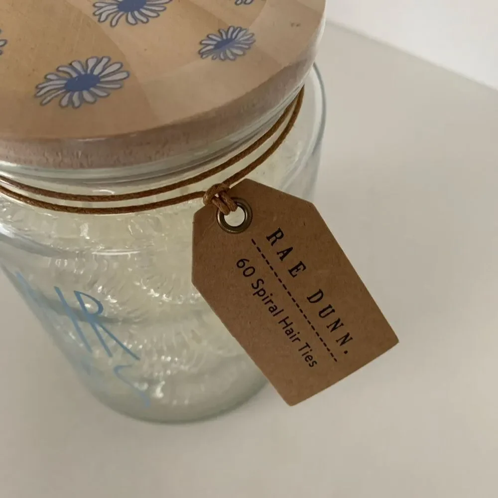 NWT Rae Dunn Hair Ties Jar Blue Daisy Lid with 60 Count Spiral Hair Ties